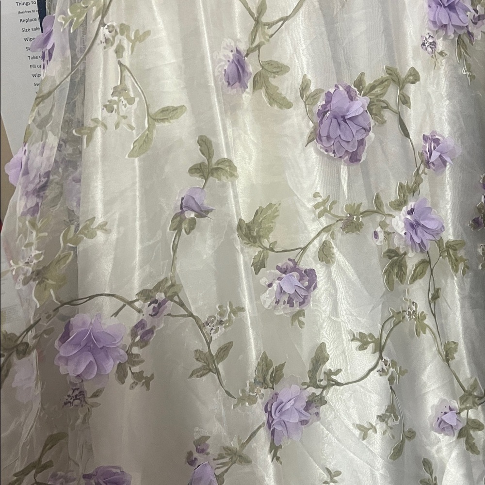 Floral Spaghetti-Strap Evening Gown - White with Lavender Flowers - Picture 2 of 8